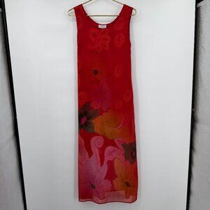 Adrianna Papell Red Floral Sheer Overlay Midi Long Dress Women’s M